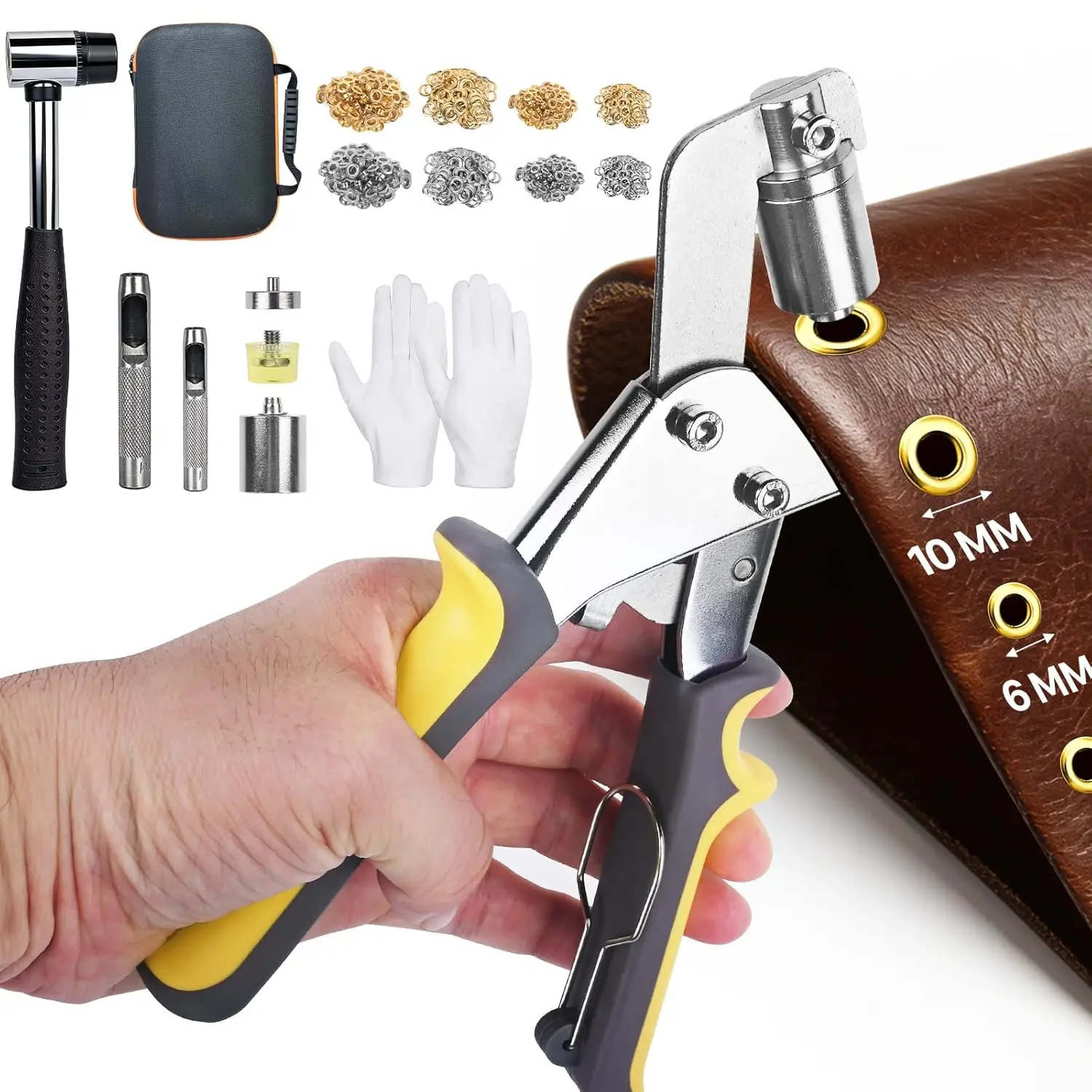 Heavy Duty Grommet Tool Kit, 600 count 3/8 Inch (10mm),1/4 Inch(6mm) Metal Eyelets in  and , with Pliers, Gloves,Punch, Hammer,Leather, Canvas, Tarp, Shoes,Clothes, Belt (Yellow-Black)
