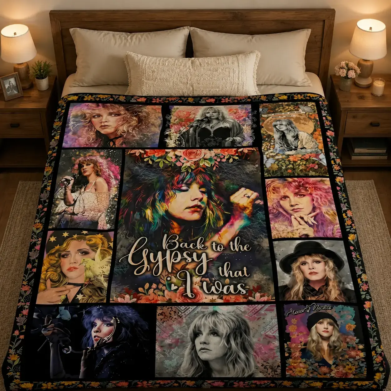 Stevie Nicks Gypsy Era Floral Collage Flannel Sherpa Fleece Throw Blanket - 70s Retro Boho Rock Icon Art, Fade-Resistant, All-Seasons Home Decor Item, Vintage Home Decor for Cozy Lounge Sofa, Fan Gift