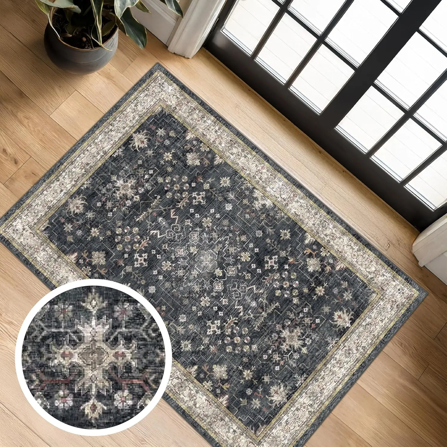 2X3 Black Washable Entry Rug with Non-Slip Rubber Backing, Stain & Fade Resistant Ashen Charcoal Floral Farmhouse Decor, Fall Prevention Mat, Soft Rug, Bedroom Non Slip, Cool & Aesthetic Room Decor For Entryway, Kitchen, Bedroom