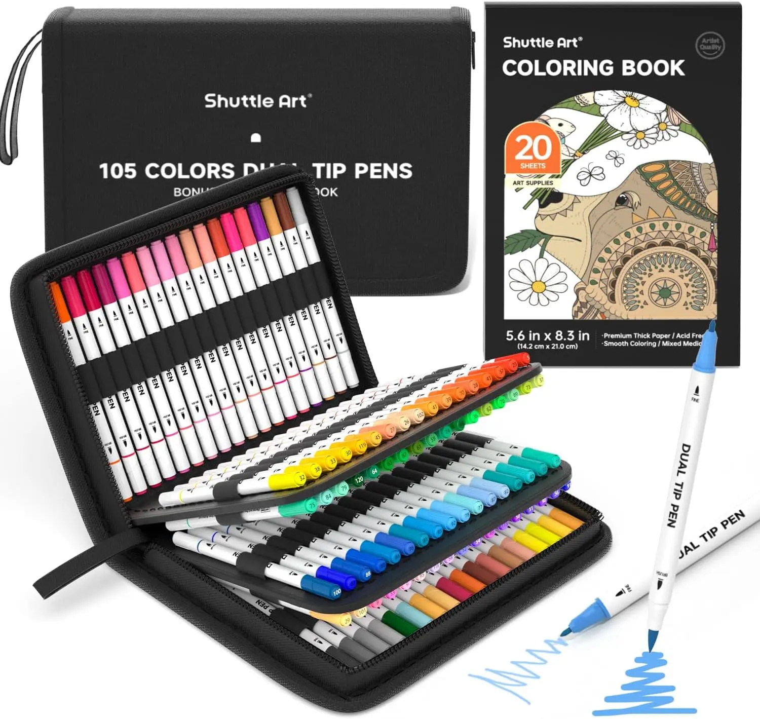 Shuttle Art Dual Tip Brush Marker Pens with 1 Coloring Book,25/70/105 Colors Fine and Brush Tip Markers Set in Cardboard Box/Portable Case for Kids, Water-based Ink Adult Artist Coloring Calligraphy Journal Doodling