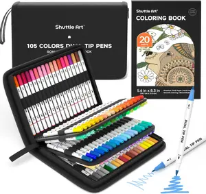 Shuttle Art Dual Tip Brush Marker Pens with 1 Coloring Book,25/70/105 Colors Fine and Brush Tip Markers Set in Cardboard Box/Portable Case for Kids, Water-based Ink Adult Artist Coloring Calligraphy Journal Doodling