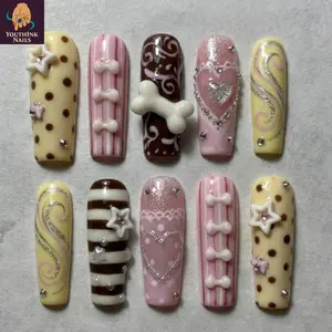 Kawaii Candy Dessert Handmade Press On Nails, Pastel Pink Yellow Chocolate Heart Star Design, 3D Gel Cute Nails, Reusable Custom Size