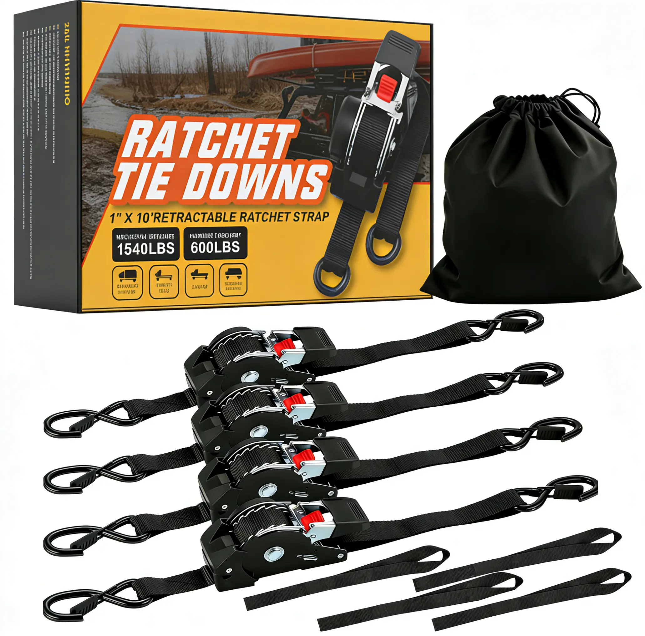 1540lbBreak Strength, Retractable Ratchet Straps (4-Pack) 1" x 10'  Heavy Duty Auto Self Retracting TieDown Straps for Truck, Trailer, Cargo Van, Motorcycle -Orange