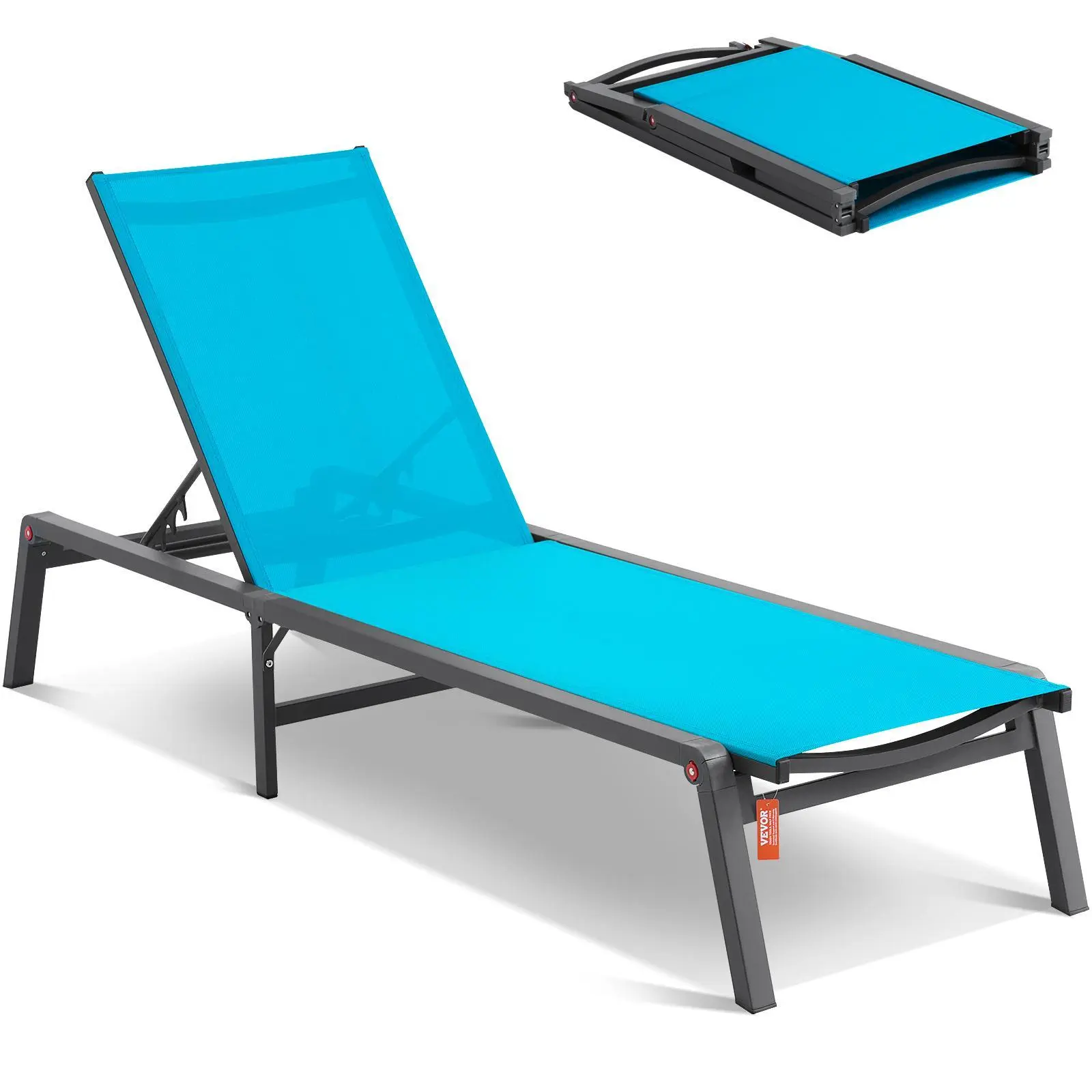 VEVOR Aluminum Patio Furniture Chaise Lounge Chair for Adults, Easy Adjustable 5-Position Folding Waterproof Pool Recliner & Full Flat Tanning Chair for Patio, Beach