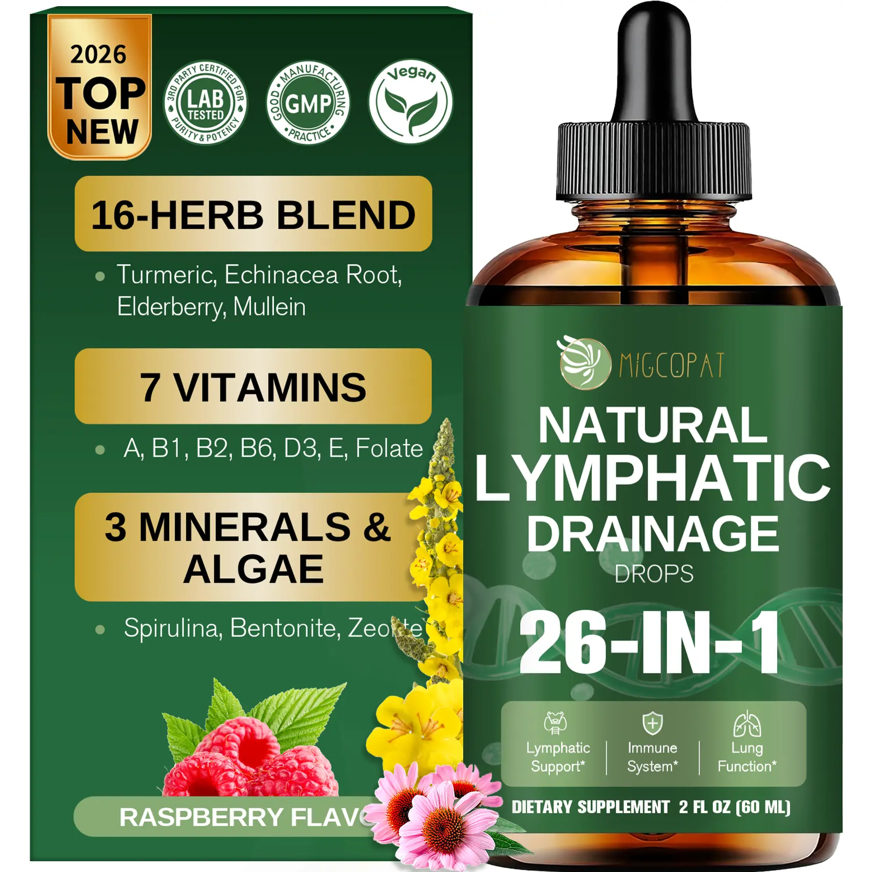 Migcopat 26-in-1 Liposomal Lymphatic Drainage Drops, Echinacea, Turmeric, Elderberry, Dandelion, Vitamins and Mullein Drops for Lungs, Lymphatic, Immune Support, Liver Cleanse Detox & Repair, 2 fl oz,#backtoschool