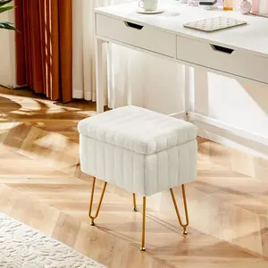 Vanity Stool Chair with Storage Footstools Seat with 4 Metal Legs Adjustable Feet Modern Cute Small Footrest
