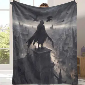 Gothic Raven Watcher Flannel Blanket Dark City Fantasy Art Print Soft Cozy Warm Throw Perfect for Bedroom Decor Reading Nook Halloween Ambience Movie Night and Gift for Fantasy Lovers summerwins