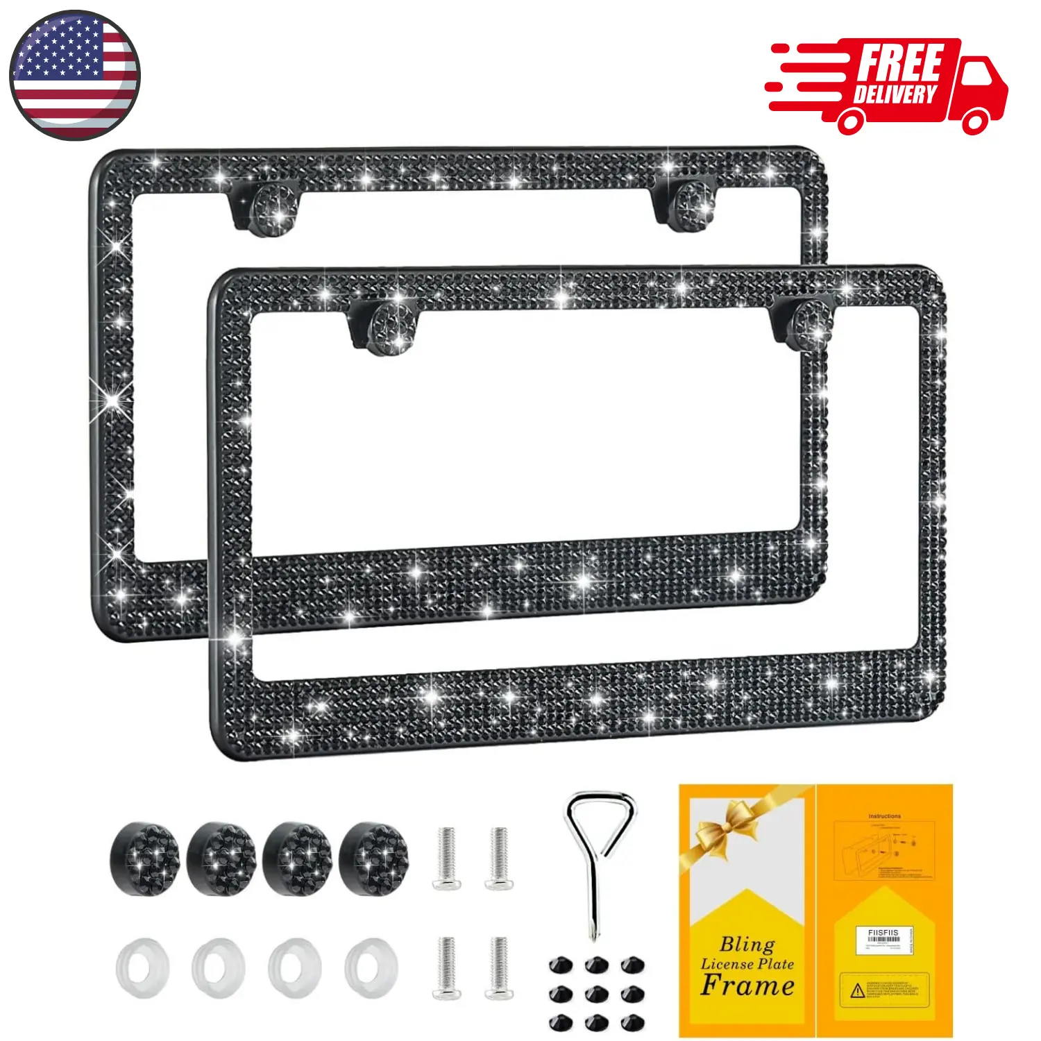 Bling License Plate Frame for Women,2 Pack Black