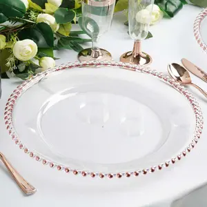 6-Pack Acrylic Charger Plates 13" Round Clear with Rose Gold Beaded Rim - Decorative Dinner Party Serving Plates