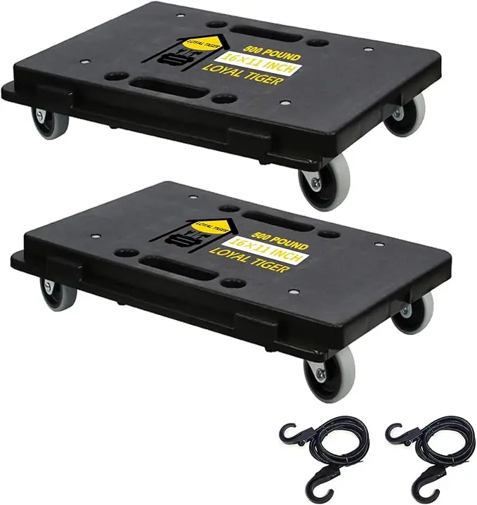 Heavy Duty 2-Pack Interlock 4-Wheel Portable Cart on Wheels, 16in x 11in Furniture Dolly with 2 Ropes, 500 lbs Capacity Black Pull Cart for Movers, Multifunction Heavy Duty Trolley, Multifunction Rolling Carts