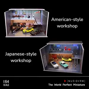 Diorama 1/64 Double Garage Repair Shop American Architecture Scene Die-Cast Car Collection 3 Lighting Colors Gift Car Enthusiasts