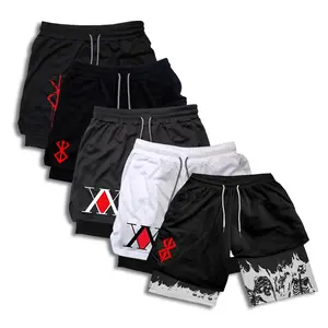 Men's Anime Hunter x Hunter Gym Shorts Bilayer 2-in-1 Berserk Graphic Print Shorts Breathable Quick-drying Absorb Sweat Sports Short Gym Jogging Pants