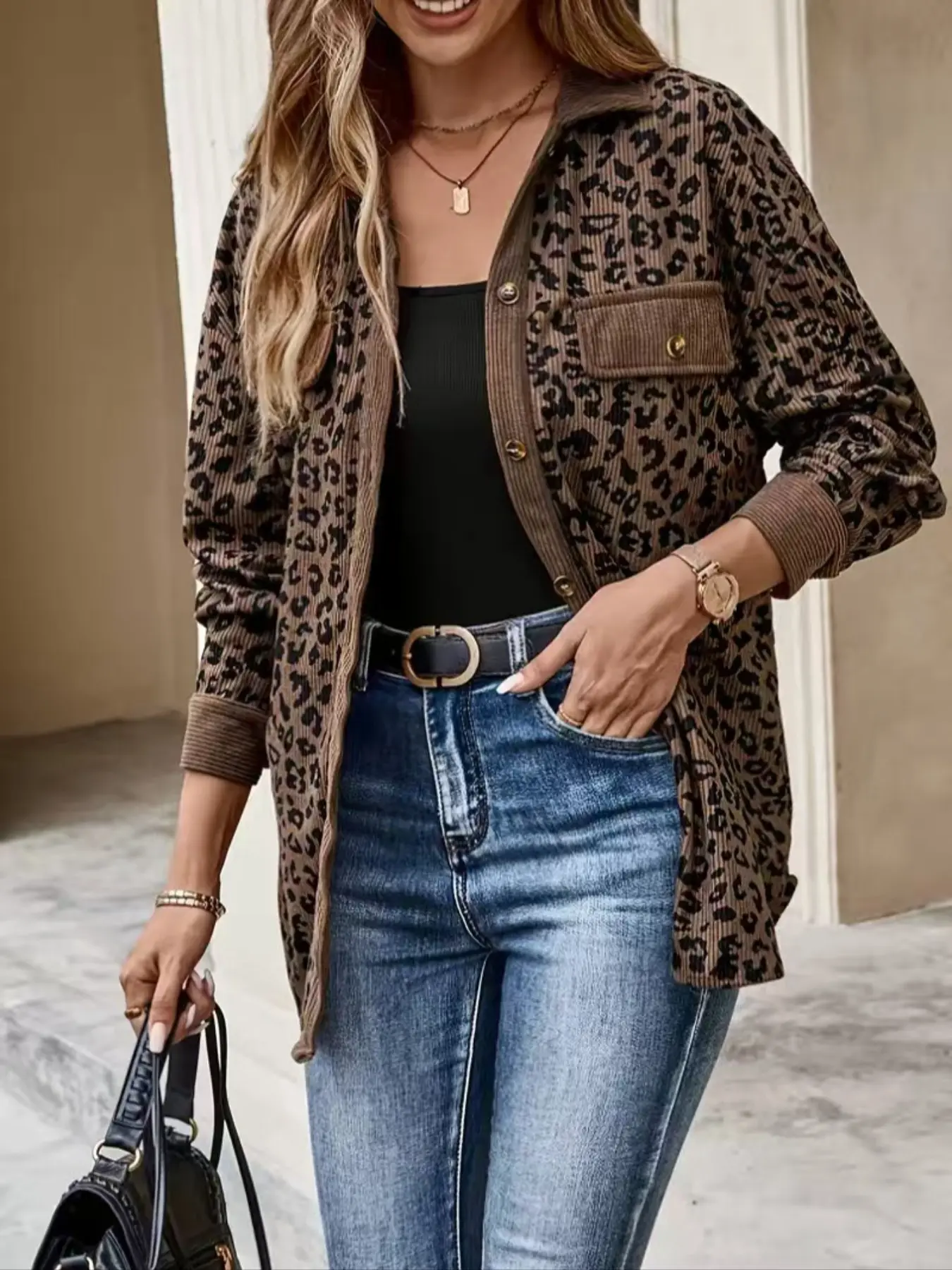 Women's Leopard Print Corduroy Jacket, Button Front Long Sleeve Shirt Collar Coat, Casual Collared Coats, Fall Winter Fashionable Outerwear for Women