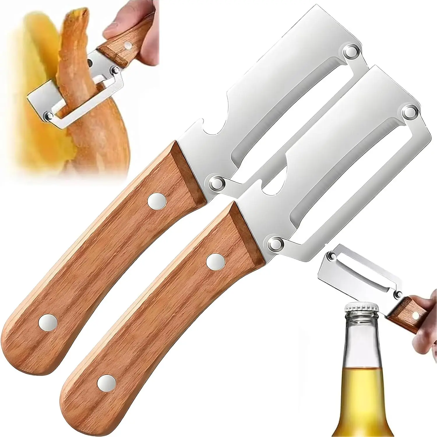 2-Piece Professional Kitchen Fruit Utensil Set - Heavy Duty 2-in-1 Stainless Steel-Wood Peelers for Kitchen, Ergonomic Non-Slip Wooden Handle, Sharp Blade, Bottle Opener, for Fruit Veggie Peeler & Potato Peeling, Sugar Cane Prep