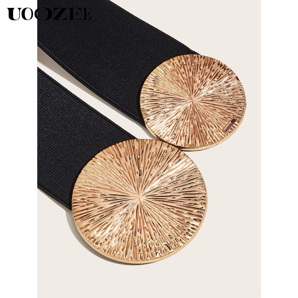 Women's Leopard Print & Gold Circle Belt 2.35 Inch Wide Elastic Waistband for Coats Dresses Suits 27 Inch Length 27-31.5 Inch Waist Circumference Modern Fashion Accessory