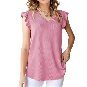 Women's Ribbed Knit V Neck Blouse Ruffle Cap Sleeve Casual Tunic Top