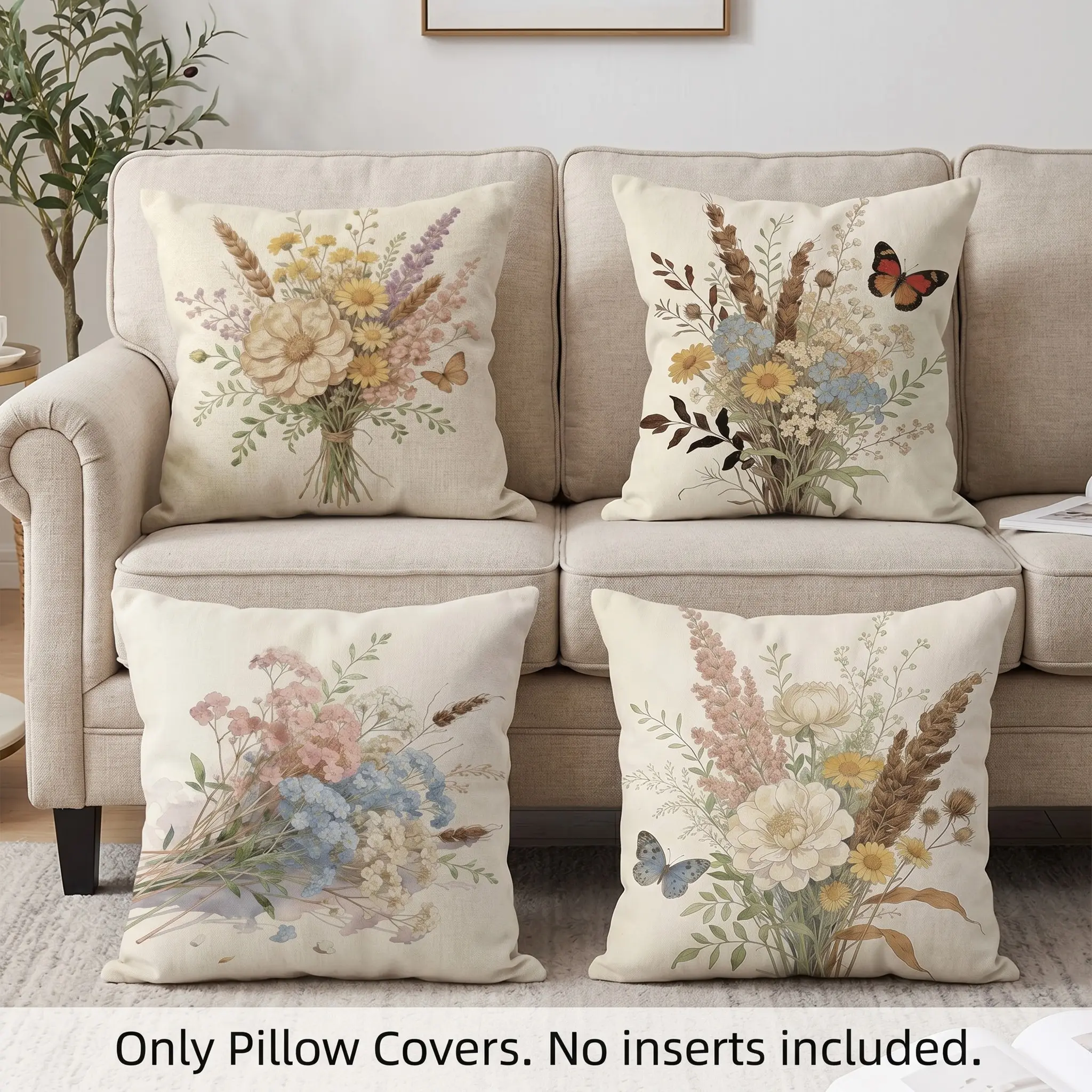 Set of 4 Decorative Spring Wreath Pillow Covers - Dried Wildflower Bouquet & Butterfly Linen Cushion Case for Farmhouse Decor Room Bedroom Sofa Chair Car Bedroom Decorative Accessories 0126YM