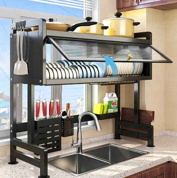 Adjustable Multi-Tiered Expandable Rectangle Rustproof Fast-Drain Slots Dish Drying Rack - Over-Sink Essential Kitchen Tool, Space-Saving Compact Organizer, Divided Plate Drainage Board, Bowl Divider, Adjustable Height Storage