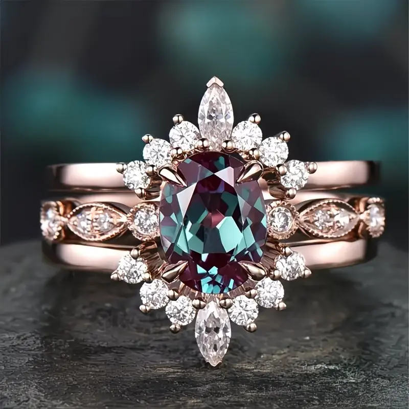 Women's 3-in-1 Stackable Ring Set - Vintage Rose Gold Snowflake Halo Ring with Color-Changing Alexandrite, Marquise-Cut Zircon, Fresh Teal Band, Fashion Jewelry for Daily Wear & Special Events, Everyday