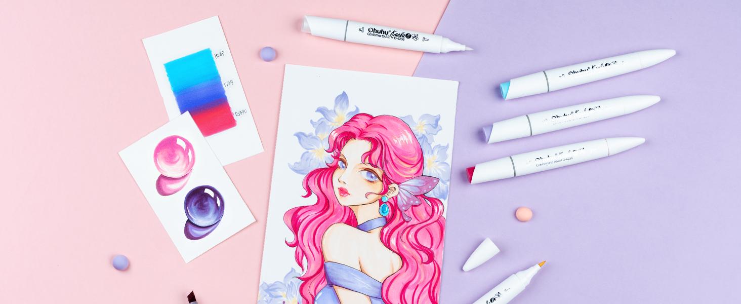 Ohuhu Alcohol Markers: Mini Brush & Slim Broad - 60 Illustration Colors - Dual Tip Brush Tip Alcohol-based Art Marker for Artists Adults Coloring Illustration- Refillable - Kaala B Series of Ohuhuart