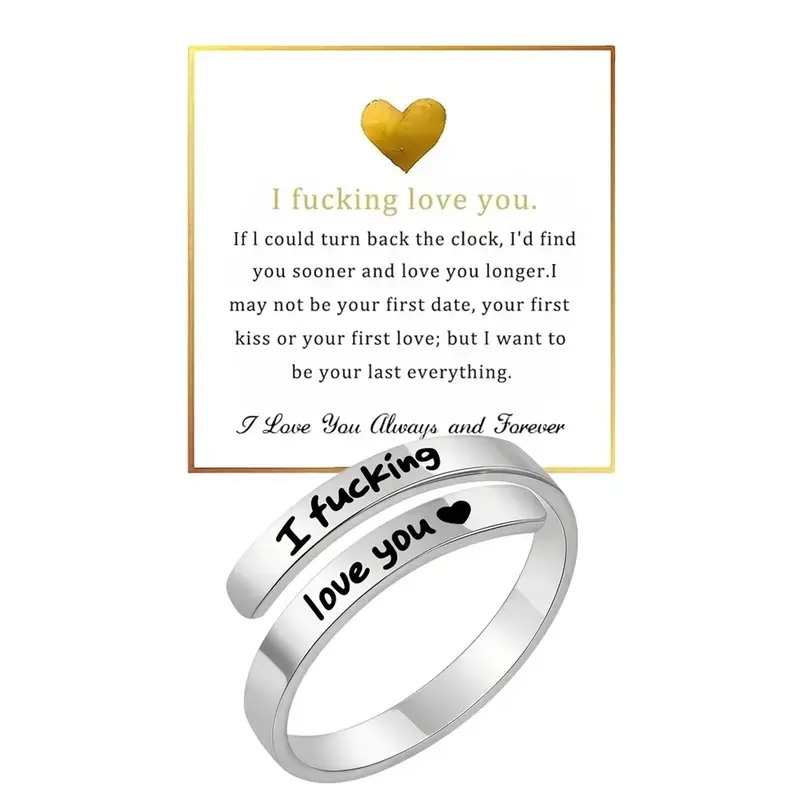Vintage "I Fvcking Love You" Promise Ring for Women, Stainless Steel Spiral Wrap Band with Engraved Heart, Adjustable Open Jewelry Gift#SummerVibes