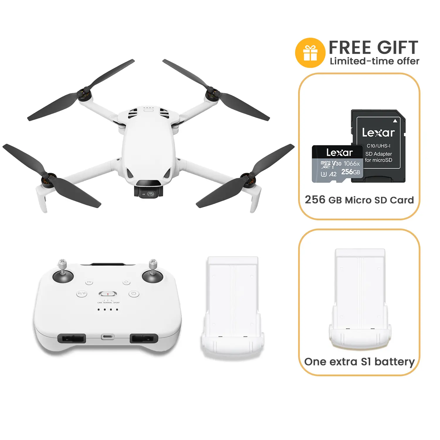 Skyrover S1 Mini Drone with Free Lexar 256g Professional Microsd card and an extra battery. Camera 4K/60fps Video, 3-Axis Gimbal Stabilization, 40-Min Flight Time, Under 249g, Auto Track S1-5