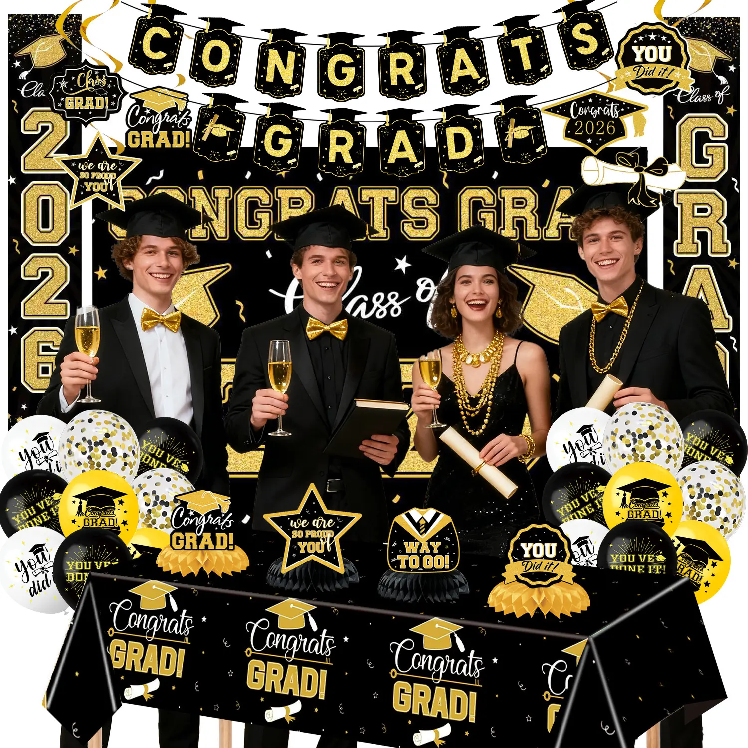 2026 Graduation Decorations Set - Black 7-Piece Complete Grad Party Supplies (The Complete Set Shown In The Picture (7 Pieces).), Letter Print Backdrop, Balloons, Congrats Grad Banner, Graduation Gifts for High School Home Celebrations
