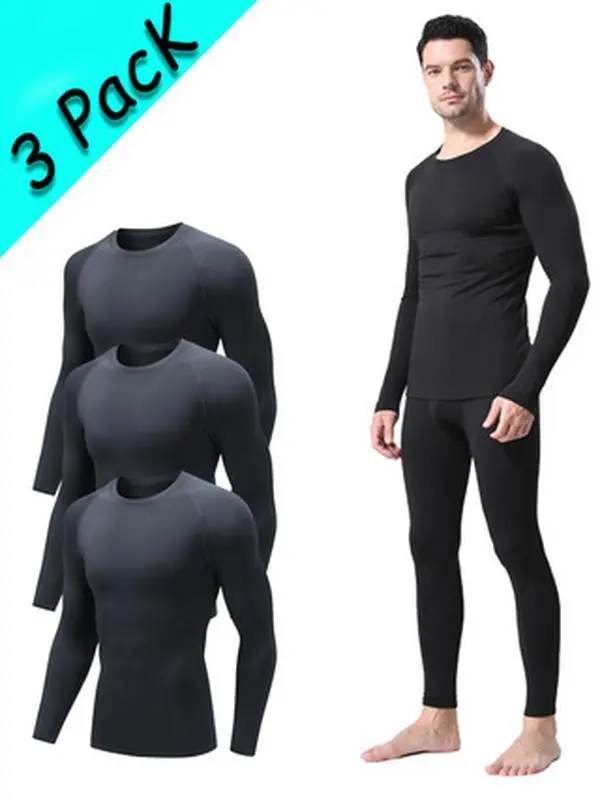 3-Piece Men's Thermal Underwear Set, Fleece Lined Long Sleeve Base Layer for Warmth and Comfort During Winter Sports, Menswear, Motocross