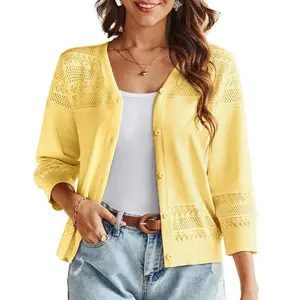 【Grace Karin】Women's 2026 Cropped Cardigan 3/4 Sleeve Lightweight Crochet Shrug Hollowed-Out Knit Sweater Tops