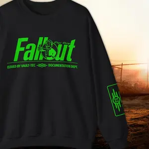 Fallout Vault Boy Sweatshirt | Neon Green Vault-Tec Graphic Crewneck | Vault 33 Sleeve Detail | Premium Gaming Fan Merch Gift for