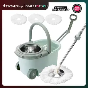 Handheld cleaning spin mop and bucket set, bathroommop bucket, school bathroom, with 3 microfiber mopreplacement heads for floor cleaning, bucket floorcleaning system, cleaning supplies, cleaning tools, back toschool supplies