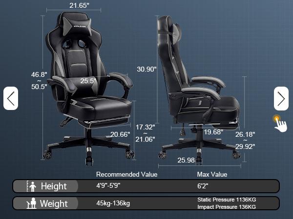 GTPLAYER Gaming Chair with Footrest, Big and Tall Game Chair 350lb Racing Style Computer Chair, Ergonomic Executive Office Chair High Back with Lumbar Support and Recliner