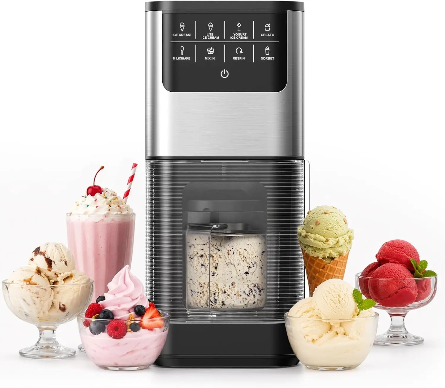EUHOMY 7-in-1 Ice Cream Maker 1 Pint Compact Machine, Homemade Gelato Sorbet Milkshake Maker with Re-Spin Function for Keto Protein Healthy Desserts