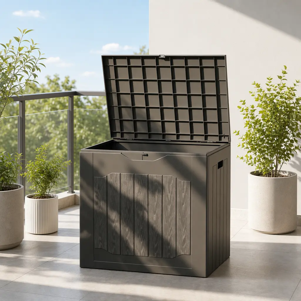 Max4out 35-Gal Rectangular Outdoor Resin Storage Box - Weather-Resistant Deck Chest with Lockable Cover, Handles, Heavy-Duty Organizer for Patio, Garden Plastic Bin (Single Unit, Storage Organization), Woody