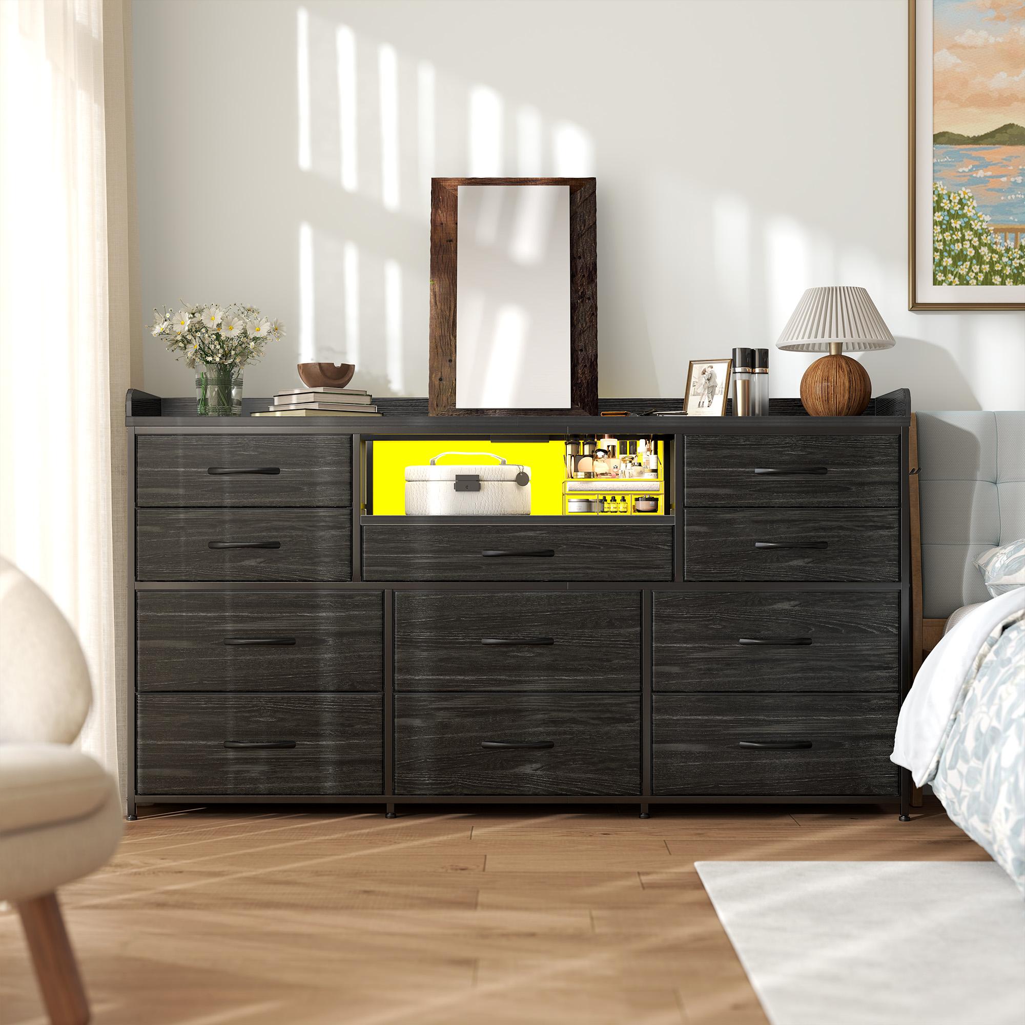 【Hot seller On Sale】Raybee Dresser for Bedroom with 8/11 Drawers, Up to 60" TV Stand for Bedroom with LED Lights & Charging Station, Sturdy Dresser with Shelves & 4 Hooks Sturdy Metal Frame & Fabric Drawers, Ideal Home Organizer for Bedroom,Hallway