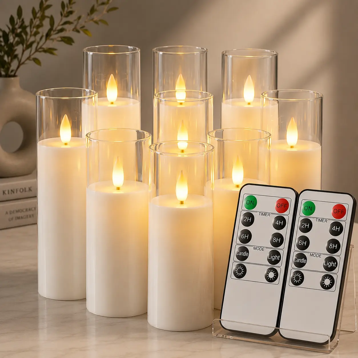 Pure White Acrylic Flameless LED Candles Set of 9 - Battery-Powered with Remote & Timer, Safety First Contemporary Electric Fake Candles, Nightstand LED Lights for Room Decor, D2.2xH5"-7", No Wiring