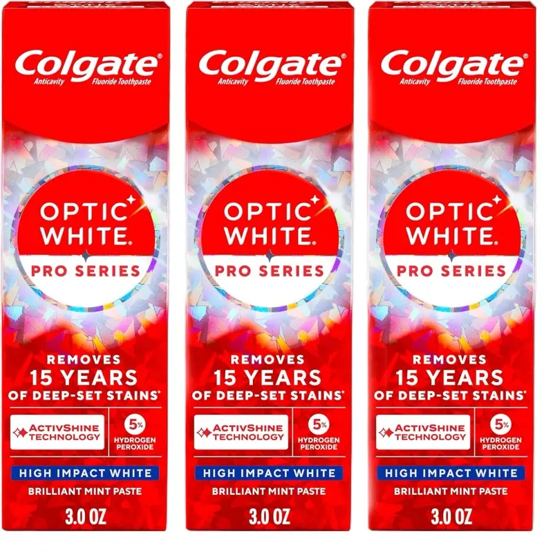 Colgate Optic White Pro Series High Impact White Toothpaste 3-Pack (3.0 oz Each) - 5% Hydrogen Peroxide ActivShine, Brilliant Mint Flavor, Antiplaque, Enamel Protection, Fresh Mint Dental & Oral Care Toothpaste, Antiplaque Whitening Toothpastes