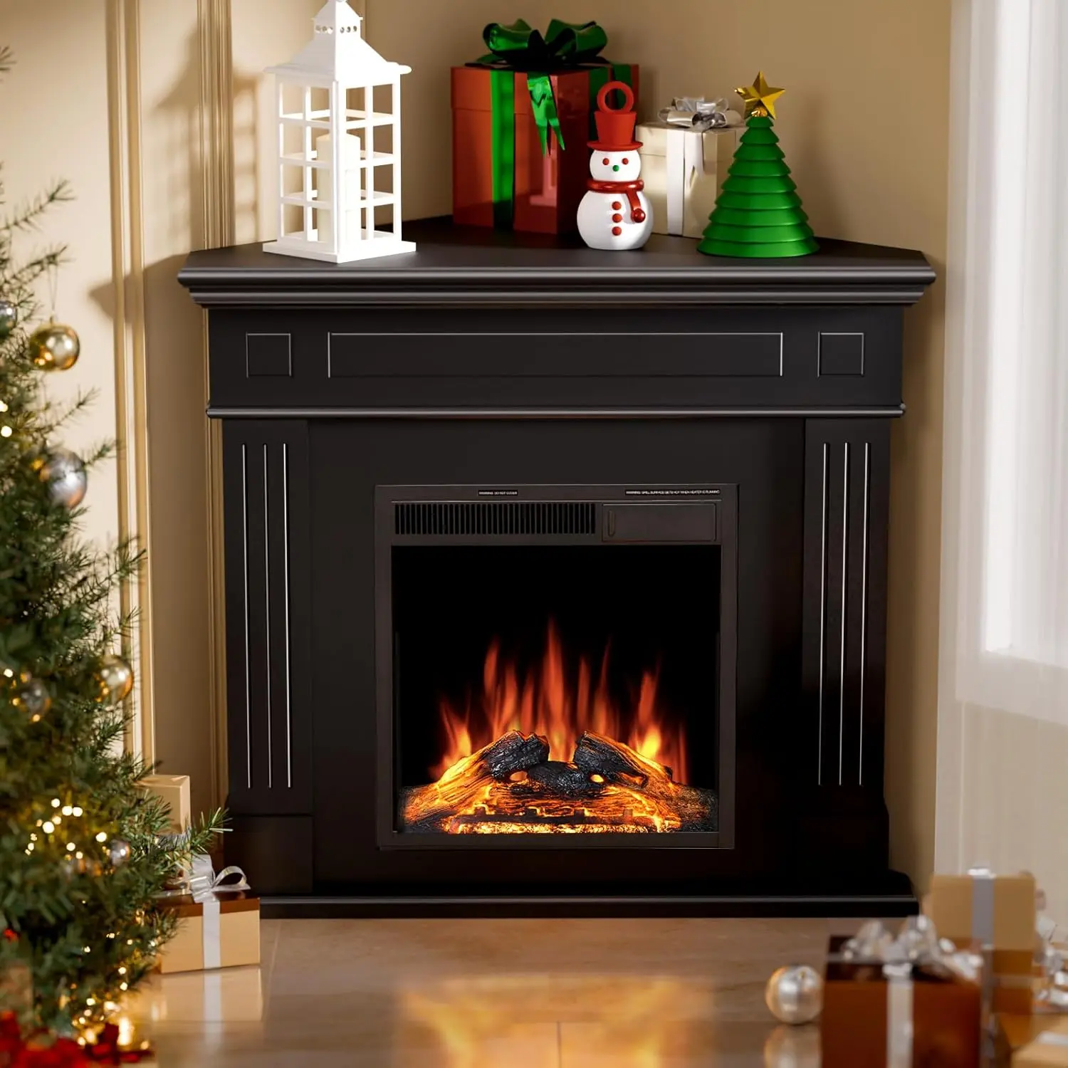 R.W.FLAME Black Corner Electric Fireplace with Mantel - 600W & Above TV Stand Heater, LED Luminous Flame, Silent, 7 Adjustable Brightness Levels, Remote Control for Home Living Room, Led Light, 600 W & Above