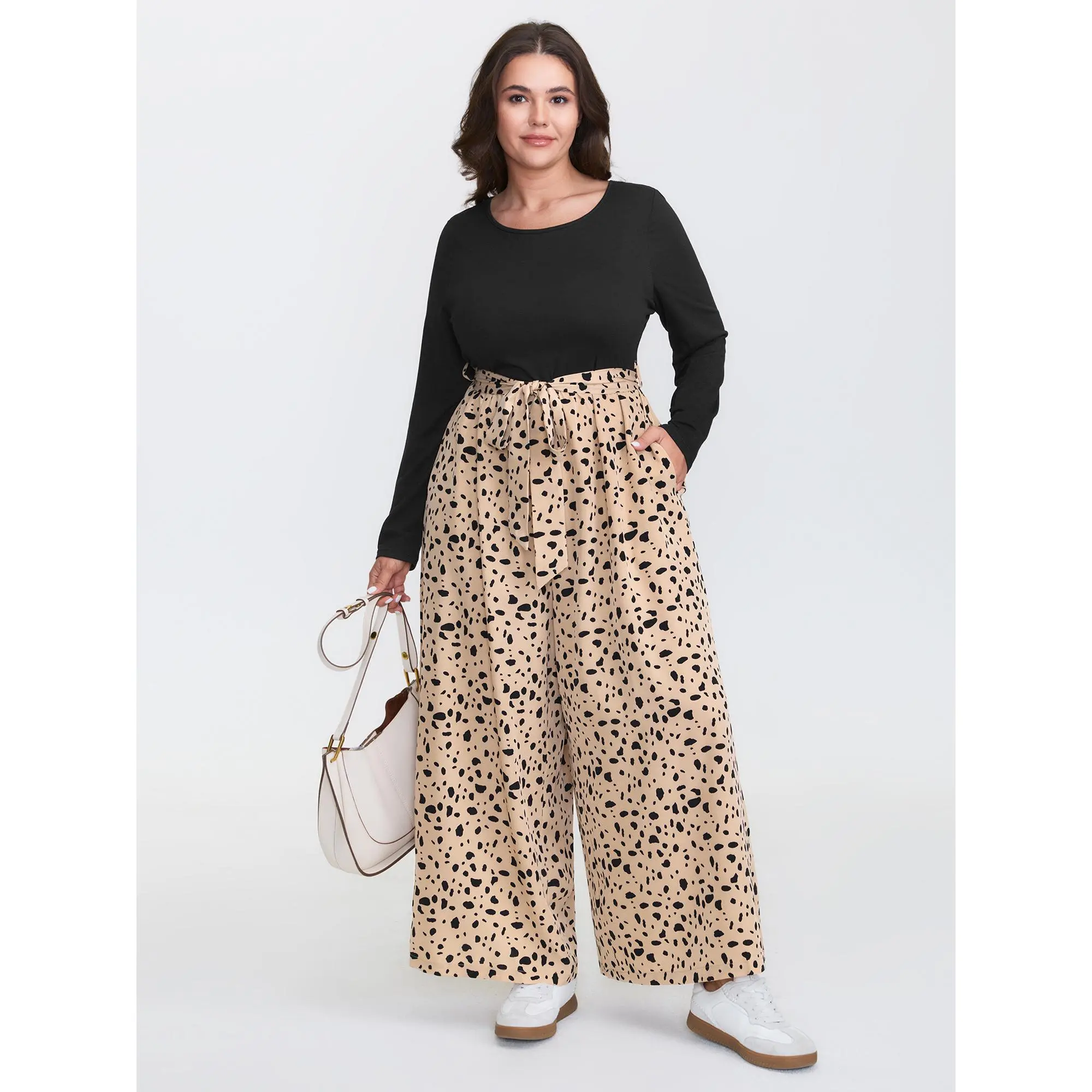 BloomChic Plus Size Long Sleeve Jumpsuit, Casual Colorblock Animal Print with Tie-Waist and Side Pocket, Backless, Plus Size Overalls, Garment, Fit, Fabric, Belted, Cold Wash, Round, Polyester, Multicolor, Low Iron