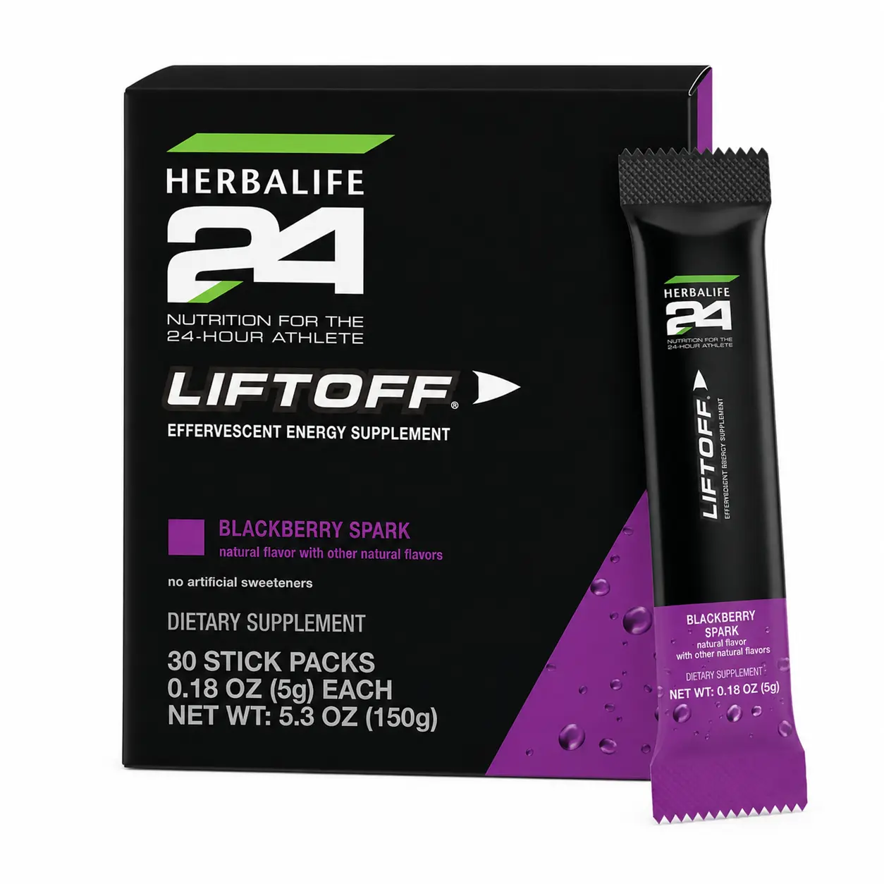Herbalife24 Liftoff Blackberry Spark 30 Stick Packs Effervescent Drink Mix Blackberry Flavor Natural Caffeine B Vitamins Dietary Supplement Daily Nutrition Energy Support Focus Support Portable Stick Packs Ready to Mix Beverage Powder