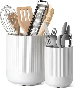 LE TAUCI Utensil Holder, 7.3"+5.4" Ceramic Kitchen Utensil Holder for Countertop, Large Cooking Utensil Crocks for Kitchen Counter Decor, Morden Utensil Organizer for Spatula, Set of 2, White