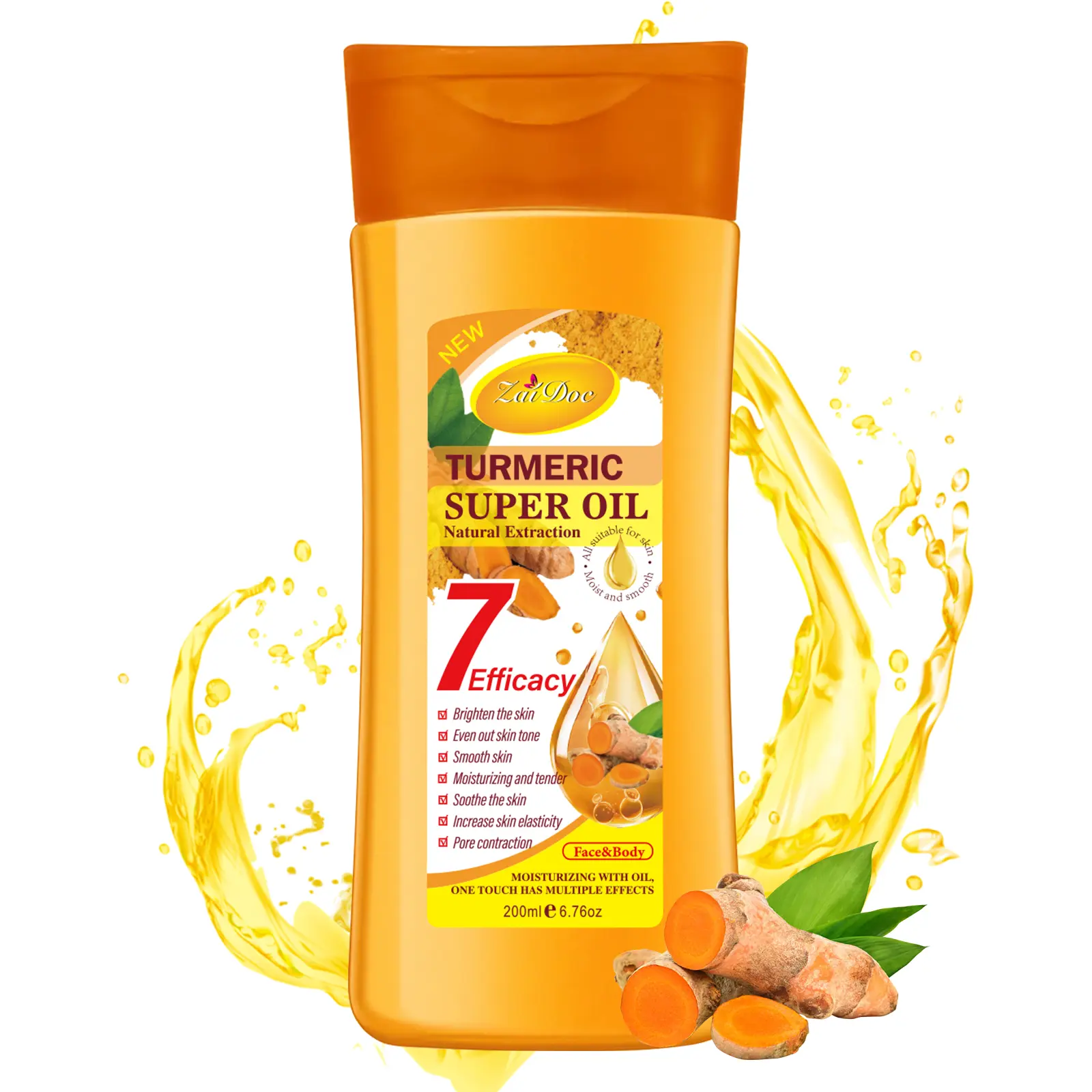 ZaiDoc Turmeric Super Oil 7 Efficacy Natural Extraction 200ml Brighten Smooth Skin Moisturize Tenderly Enhance Elasticity for Face Body