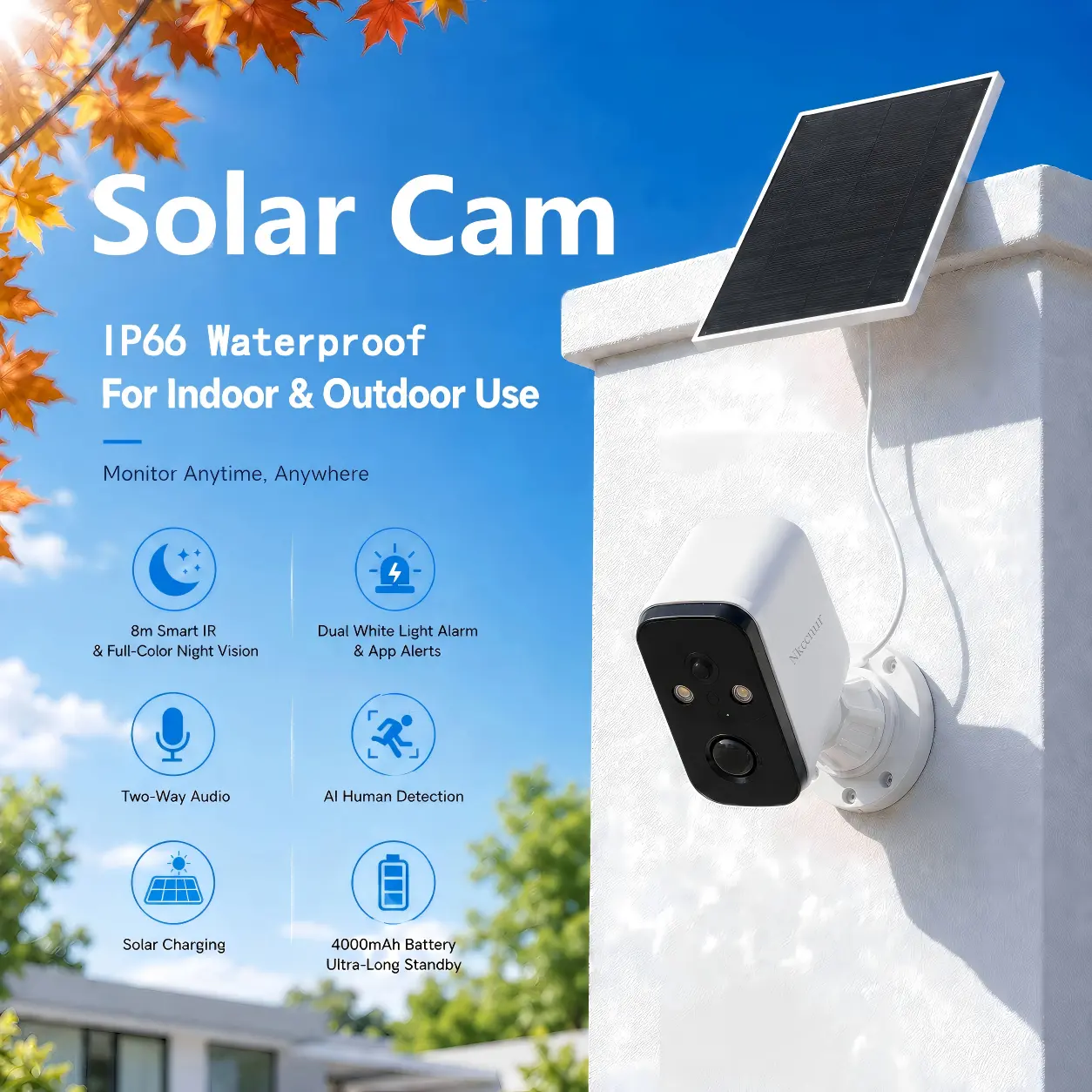 NKccnur Solar Wireless Security Camera Outdoor, Solar Powered WiFi Home Surveillance Camera with AI Motion Alert, Color Night Vision, 2-Way Audio, IP66 Waterproof, Cloud Storage