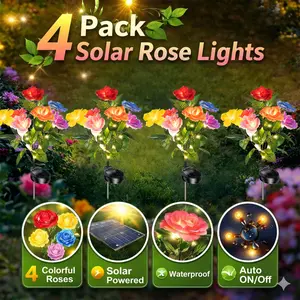 EVEDIOR 4pc Solar Simulated Garden Lights, seven-headed solar roses, a gift for mom, upgraded solar panels for Independence Day outdoor decorative lights, IP65 dustproof and waterproof, the preferred worry-free garden decorative lights.