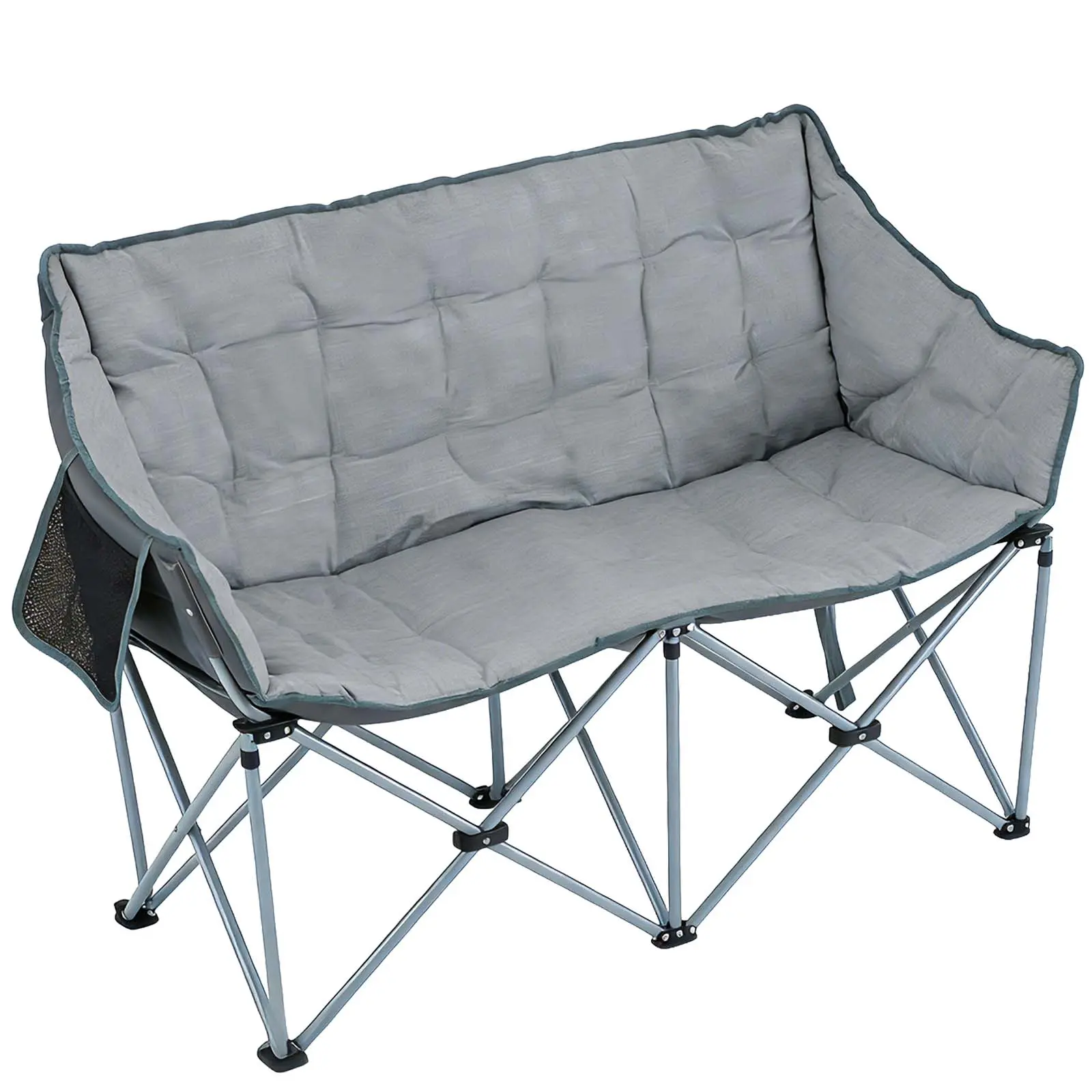 Aoxun Double Camping Chair Padded Folding Sofa for Adults - 2 Seater Sofa Heavy Duty Lawn Chairs with Side Pocket - Fishing Garden Chairs Outdoor Portable Oversized Comfy, Grey