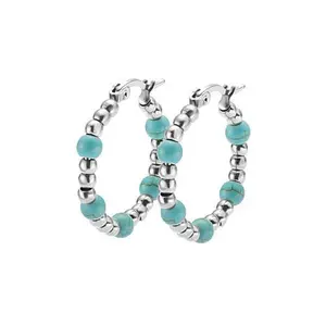 Stately Steel Stainless Steel Turquoise Bead Hoop Earrings