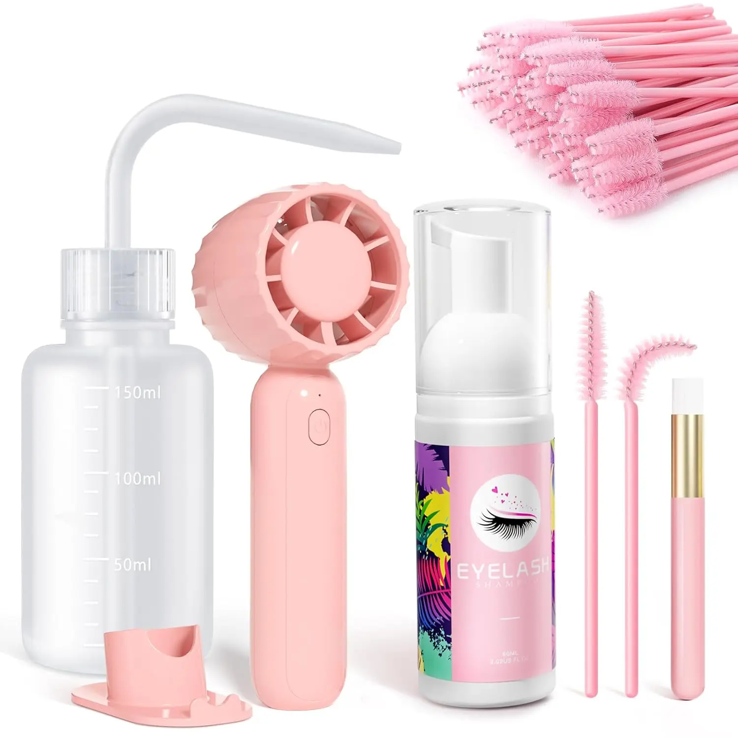 Lash Cleaning Kit-Eyelash Extension Cleanser for Extensions 60ML Lash Shampoo with Rechargeable Handheld Lash Fan Dryer Mascara Brush Rinse Bottle... Eye Lash Caring Cosmetic Tools Cleansing Makeup Remover Gentle