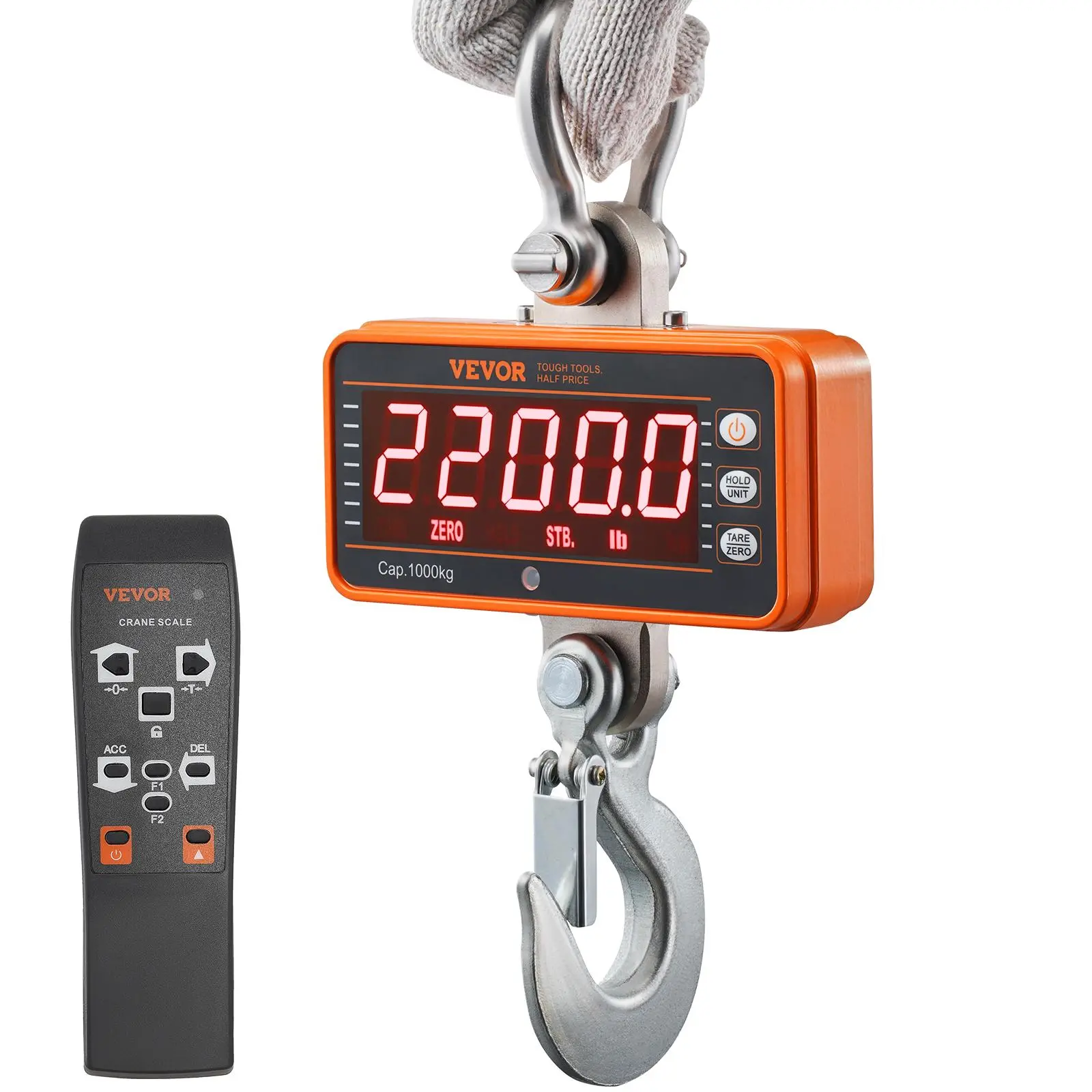 【SummerFinds】VEVOR Digital Crane Scale,  2200 lbs/1000 kg, Industrial Heavy Duty Hanging Scale with Remote Control, Cast Aluminum Case & LED Screen, High Precision for Construction, Factory, Farm, Hunting (Orange)