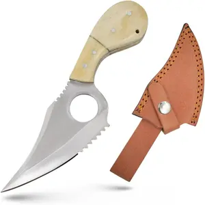 Wild Turkey Handmade Skinner Knife with Finger Hole Grip, 4.25" Stainless Steel Serrated Teeth, Bone Handle Includes Leather Sheath (WT-793_