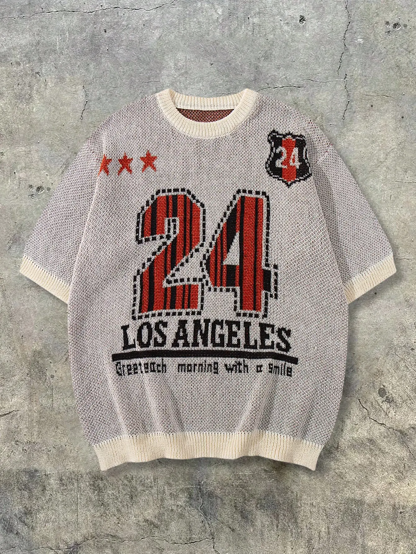 Men's Knitted Streetwear T-Shirt - Spring/Summer New Retro Jersey-Style Short-Sleeve, Numeric Code Pattern, Minimalist Sportswear, Relaxed Casual Fit, Round Neck